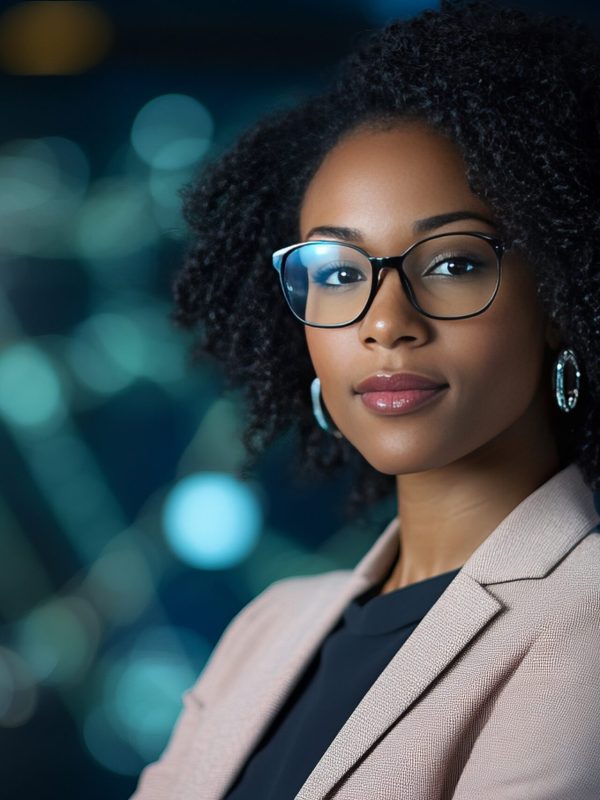 Confident businesswoman in a pink blazer and glasses looking at the camera with a slight smile.